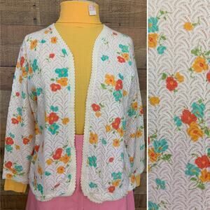 Vintage 1960s 1970s Mod Open Front Floral Knit Cardigan Sweater Size Small